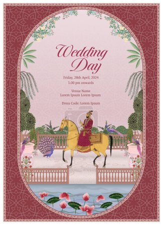 Traditional Indian Mughal Wedding Card Design. Invitation card for Wedding Day printing vector illustration.
