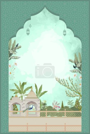 Plantilla de diseño de tarjeta de invitación de boda Mughal. Templo mogol con plátano, pavo real, aves y árbol tropical. ilustración vectorial