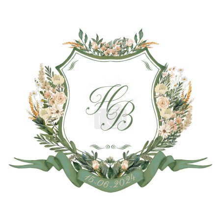Painted wedding monogram HB, BH initial watercolor floral crest. Watercolor pale yellow flowers, deep green leaves, and crest boundary frame vector illustration template.