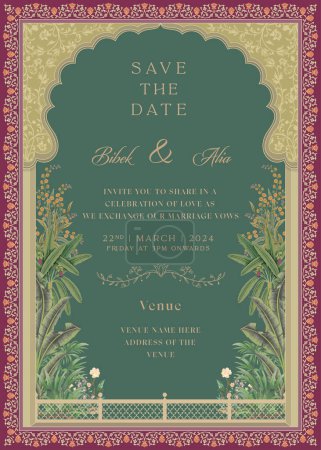 Indian Mughal Wedding Invitation Card Design. Rajasthani arch design invitation card. Save the date deep green wedding card for printing vector illustration.