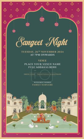 Traditional Indian Mughal-style sangeet night invitation card design for printing.