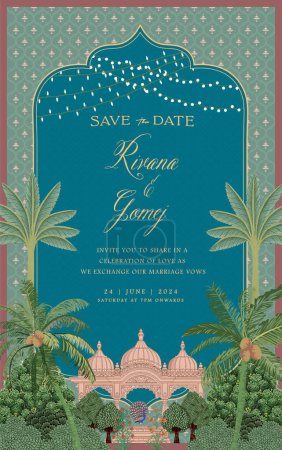 Mughal invitation card design with Mughal temple, peacock, tropical trees, and flowers vector illustration.