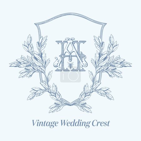 Illustration for Wedding crest with AH initial vintage monogram. Antique text logo with bee vector illustration. - Royalty Free Image