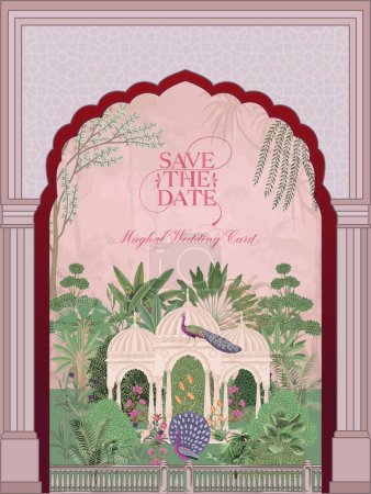 Speichern Sie das Datum Mogul Hochzeitseinladungskarte, indischen Bogen mit Pfau, Bäume, Blumen und Zaun Vektor Illustration.