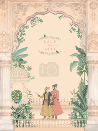 Illustration for Card of Mughal Wedding Invitations. Save the date vector art invitation card design for printing. - Royalty Free Image