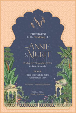 Mughal arch wedding invitation card design. Indian theme based wedding card with peacock, tropical tree, arch, temples, fence. AN initial wedding monogam and wedding card details vector illustration.