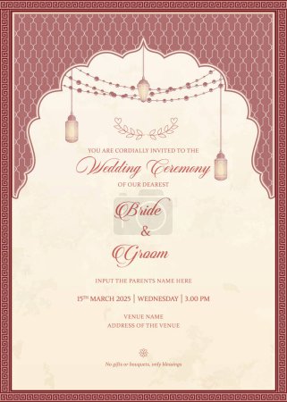 Islamic wedding invitation card with arch, lights, lanterns and border. Indian maroon frame design for wedding invitation card vector illustration.