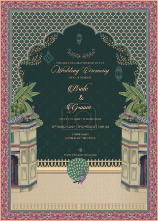 Traditionelle Mogul Hochzeitseinladungskarte Design. Einladungskarte mit Pfau, tropischen Bäumen, Bogen und Palast. Vektorillustration.