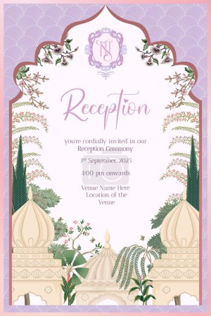 Traditional Indian Mughal Wedding Reception Invitation Card Design with Tropical Tree, Pichwai art, Mughal Decorated Dome, NT Monogram with Crest Vector Illustration.