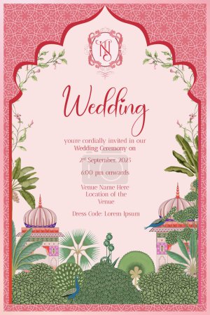 Traditional Indian Mughal Wedding Day Invitation Card Design with arch, NT monogram with crest, Mughal Decorated Dome, Red background tropical tree, Pichwai art vector illustration.