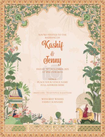 Diseño de tarjeta de invitación de boda Mughal. Tarjeta de invitación de boda Mughal indio para imprimir ilustración vectorial