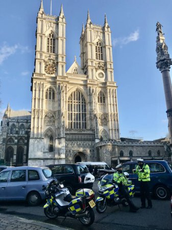 Photo for Two Police Motorcyclists at Taxi Driver Demonstration outside Westminster Abbey. London, England, January 15, 2020. - Royalty Free Image