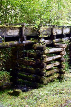 Téléchargez les photos : Colonne en bois soutenant l'aquaduc en bois. Smokey Mountains, États-Unis. La verdure derrière. - en image libre de droit