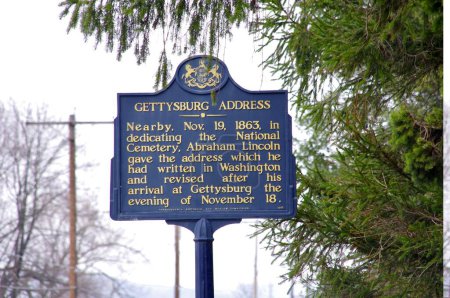 Photo for Information sign re The Gettysburg Address, 1863. Gettysburg, PA, USA. April 9, 2015. - Royalty Free Image