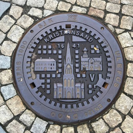 Photo for Manhole cover with Kristiansand Historical Design. Kristiansand, Norway. August 31, 2018. - Royalty Free Image