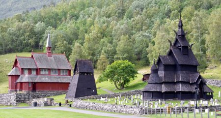 Photo for Borgund Stave Church next to Borgund New Church. Borgund, Norway, September 14, 2015. - Royalty Free Image