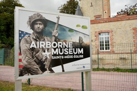 Photo for Sign for The Airborne Museum. Sainte Mere Eglise, France, July 3, 2023. - Royalty Free Image