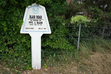 Photo for Road Marker for Blair Road, in honor of Pvt J.Blair, Killed in Action June 10, 1944. Utah Beach, France, July 3, 2023. - Royalty Free Image
