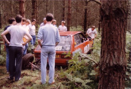 Photo for A Talbot Sunbeam TI being recovered after crashing at The Sutherland Dukeries Car Rally, Clumber Park, Nottingham, England, UK. June 1987. - Royalty Free Image