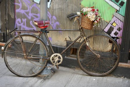 Rustikales Vintage Pushbike mit Blumen im Korb, angelehnt an eine Wellblechwand. 