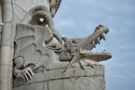 Stone dragon detail at Halszbstya tterem at Fishermans Bastion, Budapest, Hungary, February 27, 2024. 