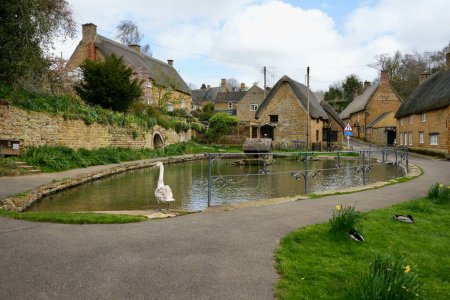 Foto de Estanque de patos inglés tradicional con patos, rodeado de cabañas de paja y pub, en Wroxton, Oxfordshire, Reino Unido. 7 de abril de 2024. - Imagen libre de derechos