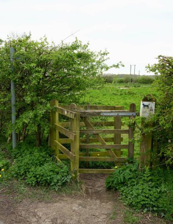 Téléchargez les photos : Porte à pilotis traditionnelle à travers des terres agricoles sur un sentier public, Goulceby, Louth, Royaume-Uni. Avril 12, 2024. - en image libre de droit