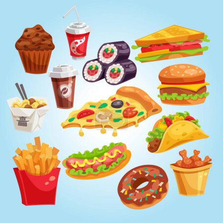 Ilustración de Comida rápida, chatarra, comida no saludable, hamburguesa, hamburguesa, refresco, café, bocadillo, pizza, - Imagen libre de derechos