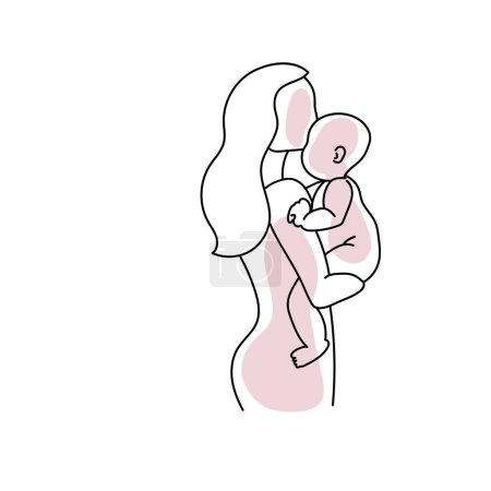 Línea de arte madre sosteniendo a su bebé aislado sobre fondo blanco.