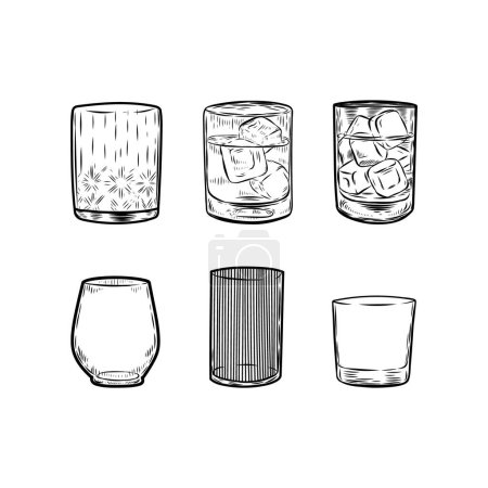 Drink glasses set line drawing illustration.