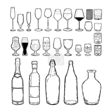 Alcohol glasses and bottles line drawing illustration set.