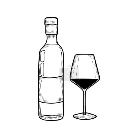 Wine bottle and glass line drawing isolated on white background.
