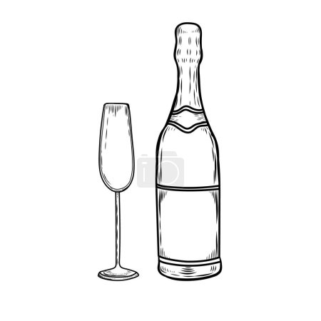 Sparkled wine glass and bottle line drawing illustration.