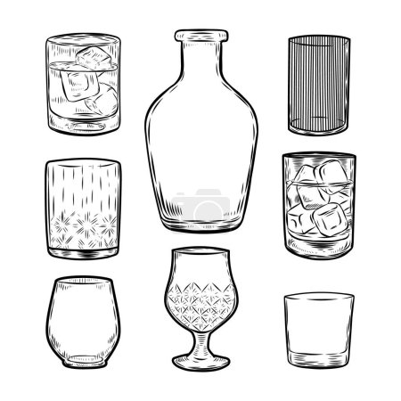 Alcohol glasses set line drawing illustration.
