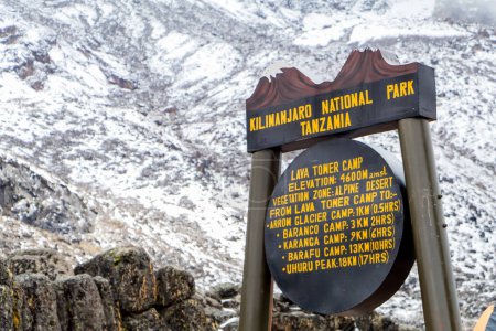 Photo for Sign, signpost, in campground, Lava Tower Camp, Mount Kilimanjaro, Tanzania. Ice and snow on slopes in background. High quality photo - Royalty Free Image