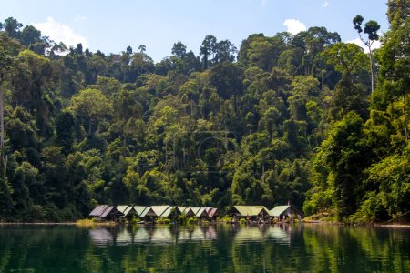 Téléchargez les photos : Petit village en forêt verte dans le parc national de Khao Sok, Thaïlande. lac bleu et bateau à longue queue, ciel bleu. Photo de haute qualité - en image libre de droit