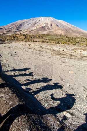 Photo for Shadow of hikers on the slope of Mount Kilimanjaro. Walking sticks, backpacks. Shadow on gravel slopes. Summit of the mountain below bright blue sky. Tanzania, Africa. High quality photo - Royalty Free Image