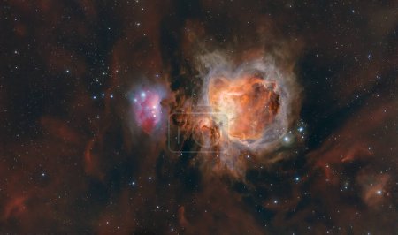 Astrophotography made with telescope of the Orion Nebula, Messier 42 or M42 together with the running man nebula. Many stars and glowing red hydrogen and blue oxygen gas in space. High quality photo