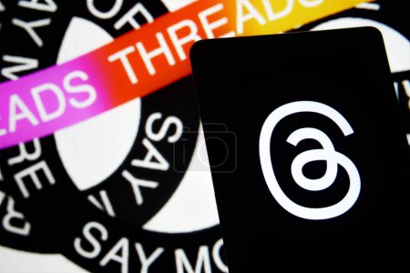 Photo for Dhaka, Bangladesh - August 1, 2023: Threads logo is displayed on a smartphone screen. Threads is the new social network from Meta Platforms. - Royalty Free Image