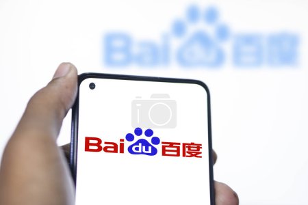 Photo for Beijing, China - 01 January 2024: logo on smartphone. Baidu, Inc. Baidu is a Chinese multinational technology company specializing in Internet-related services, products, and artificial intelligence. - Royalty Free Image