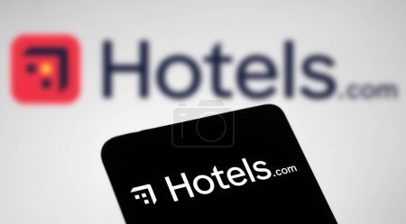 Photo for Dhaka, Bangladesh- 13 March 2024: Hotels.com logo is displayed on smartphone. - Royalty Free Image