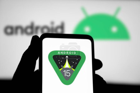 Photo for Dhaka, Bangladesh- 02 Apr 2024: Android 15 logo is displayed on smartphone. - Royalty Free Image