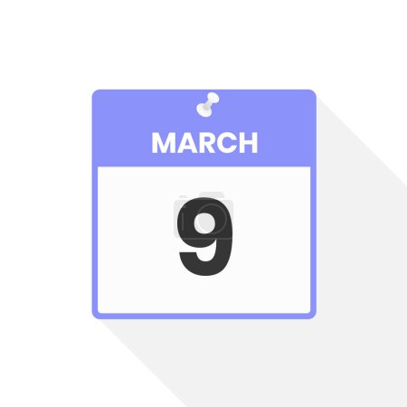 Téléchargez les illustrations : 9 mars icône du calendrier. Date, Mois calendrier icône vectoriel illustration - en licence libre de droit