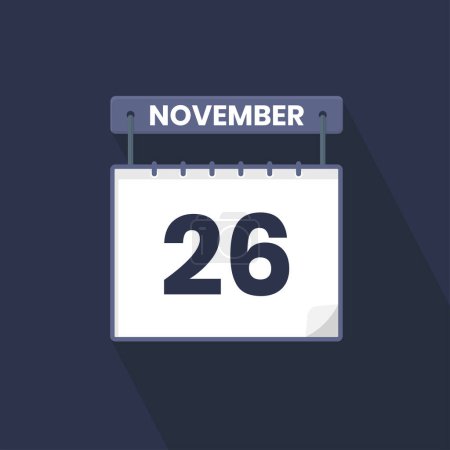 Téléchargez les illustrations : Icône calendrier du 26 novembre. 26 novembre calendrier Date Mois icône vecteur illustrateur - en licence libre de droit