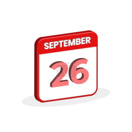 Illustration for 26th September calendar 3D icon. 3D September 26 calendar Date, Month icon vector illustrator - Royalty Free Image