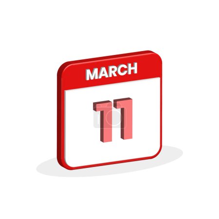 Illustration for 11th March calendar 3D icon. 3D March 11 calendar Date, Month icon vector illustrator - Royalty Free Image