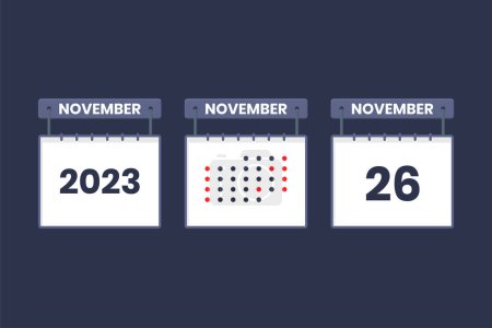 Téléchargez les illustrations : Conception du calendrier 2023 26 novembre icône. 26 Novembre calendrier, rendez-vous, concept de date importante. - en licence libre de droit