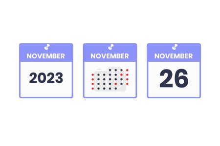 Téléchargez les illustrations : 26 novembre icône de conception de calendrier. 2023 calendrier, rendez-vous, concept de date importante - en licence libre de droit