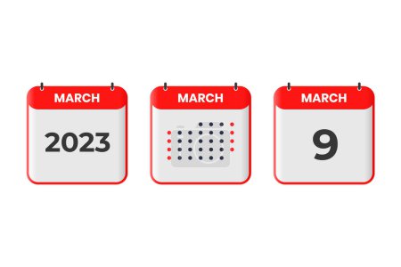 Téléchargez les illustrations : 9 mars icône de conception de calendrier. 2023 calendrier, rendez-vous, concept de date importante - en licence libre de droit