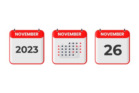 Téléchargez les illustrations : 26 novembre icône de conception de calendrier. 2023 calendrier, rendez-vous, concept de date importante - en licence libre de droit